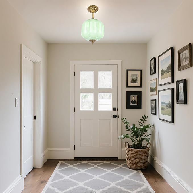 9in Green Milk Glass Ceiling Light, LED Bulb Included, Vintage Schoolhouse Semi Flush Mount Pendant Light Art Deco Chandelier for Kitchen Dining Room Hallway Bedroom, Antique Gold & Green