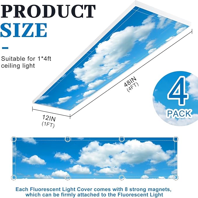 4 Pcs 1 x 4 Feet Fluorescent Lights Covers Magnetic Ceiling Light Cover with 8 Magnets Fluorescent Light Filters for School Classroom Home Drop Lamp Decor (Cloud)