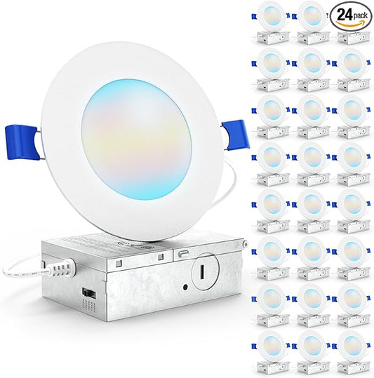 Sunco 24 Pack 4 Inch LED Recessed Lights, Canless Ceiling Light Slim, 700 LM, 10W, Selectable CCT 2700K/3000K/4000K/5000K/6000K, Dimmable, Wafer Thin, with Junction Box ETL