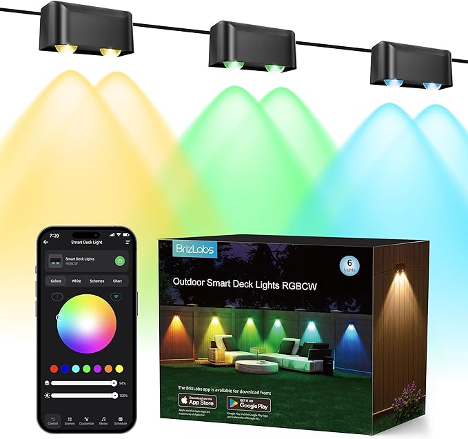 BrizLabs Smart Deck Lights, 6 Lamps RGBCW Outdoor 4th of July Fence Lights Work with Alexa & Google Home, Red White Blue Deck Light APP Controlled, Rainbow WiFi Fence Light Music Sync for Yard Garden
