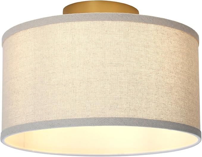 Yosoan Linen Indoor Hallway Ceiling Light Fixture, 1-Light Antique Brass Vanity Vintage Semi Flush Mount Light Retro Night Lamp for Bedroom Dinning Room Living Room Corridor Kitchen Entryway Passway
