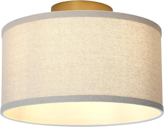 Yosoan Linen Indoor Hallway Ceiling Light Fixture, 1-Light Antique Brass Vanity Vintage Semi Flush Mount Light Retro Night Lamp for Bedroom Dinning Room Living Room Corridor Kitchen Entryway Passway