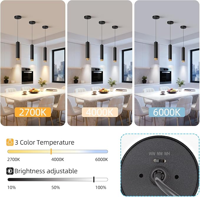 OKELI Modern Black LED Pendant Light for Kitchen Island, 3 Pack – Dimmable Zoomable Pendant, Adjustable Beam Angle, 3 Color Temps 2700K/4000K/6000K, Mini Hanging Light for Bar or Bedroom, 12W 11.8"