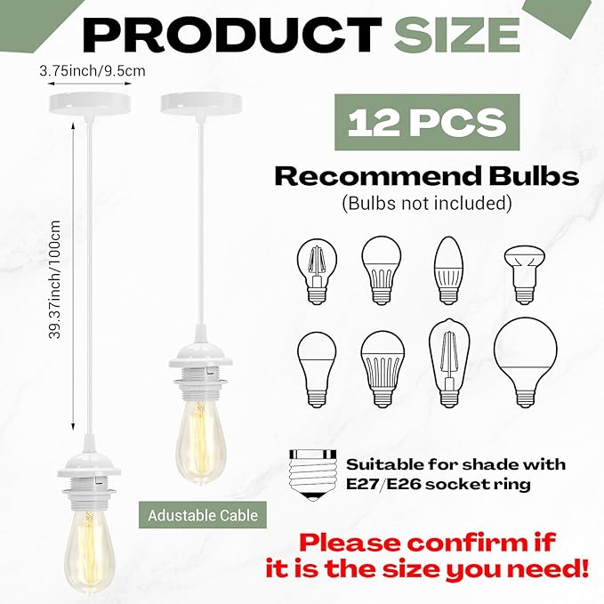 12 Pack Industrial Mini Pendant Light Kit Bulk, UL E26/E27 Lamp Socket 3.28 ft Adjustable Hanging Light Cord Kit Edison Vintage Retro Ceiling Lamp Fixture for Kitchen Bar Decor(White)