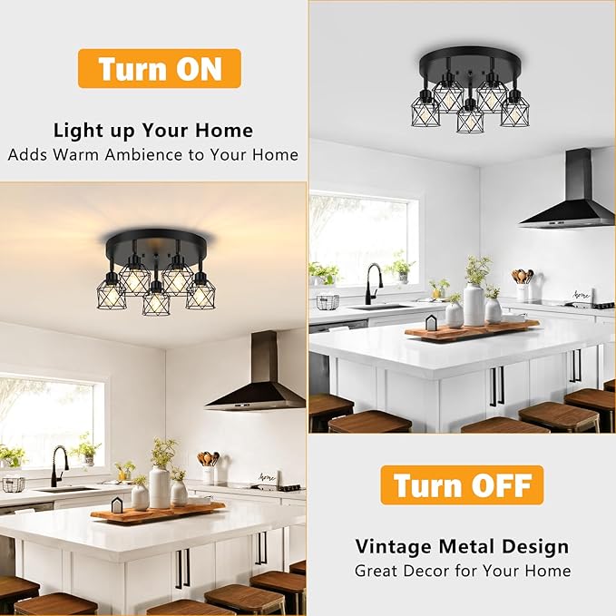 5-Light Adjustable Kitchen Light Fixtures, Multi-Directional Black Ceiling Light Fixtures, Semi Flush Mount Ceiling Light, Vintage Metal Cage Spotlight Fixture for Hallway Dining Room Entryway