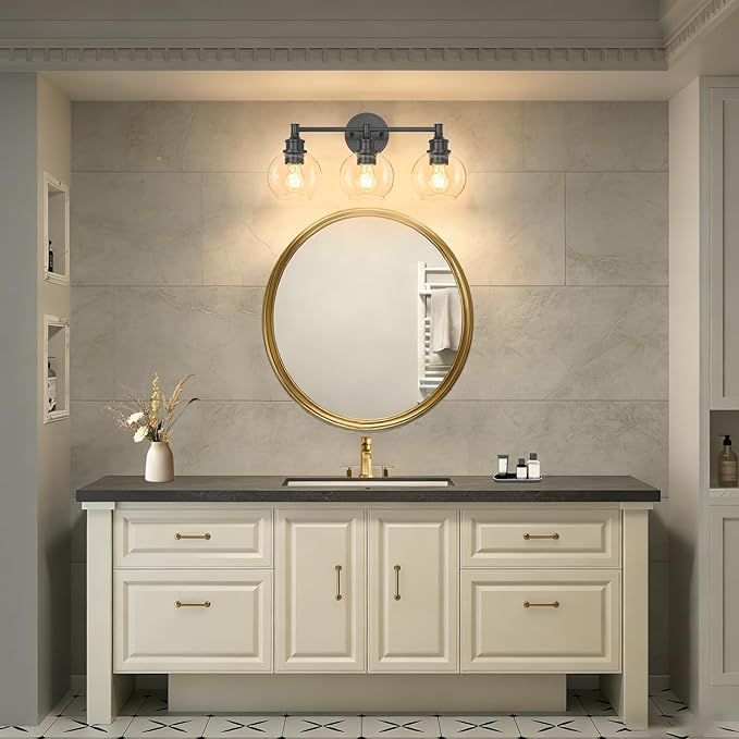 Bathroom Light Fixtures, 3-Light Matte Black Vanity Light Globe Glass Shades, Bathroom Lighting Fixtures Over Mirror, Wall Sconces for Master Bathroom, Guest Bathroom, Powder Room, 20-inch