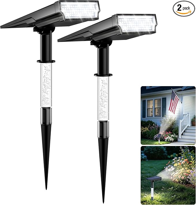 Solar Spotlights Outdoor Waterproof, 76-LED Super Bright Solar Lights Outdoor, 2 Lighting Modes Garden Lights Solar Powered for Pathway Yard Tree Statues- Cool White, 2 Pack
