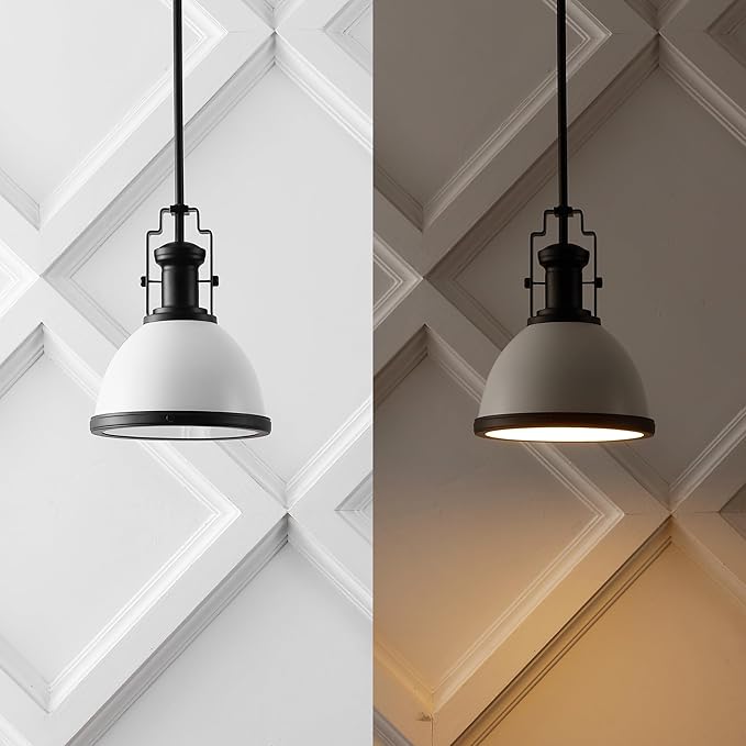 JONATHAN Y 10" Matte Black/White Modern Industrial Iron LED Dome Pendant Light, Adjustable Hanging Fixture for Kitchen Island or Entryway, Black Metal Shade, LED Bulb Included (JYL9535E)