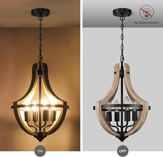 4-Light Farmhouse Dining Room Light Fixture, Adjustable Height Hanging Wood Vintage Pendant Lights for Kitchen Island Hallway Foyer Entryway Breakfast Area Bedroom