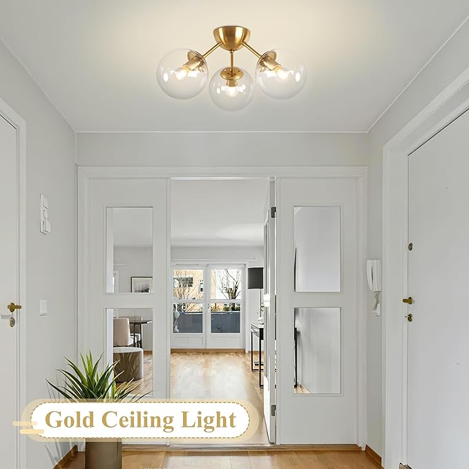 Mid-Century Modern Semi Flush Mount Ceiling Light 3 Lights Clear Glass Modern Globe Ceiling Light Gold Brass Sputnik Chandeliers for Hallway Entryway Kitchen Bedroom Laundry(Bulb Incl.)
