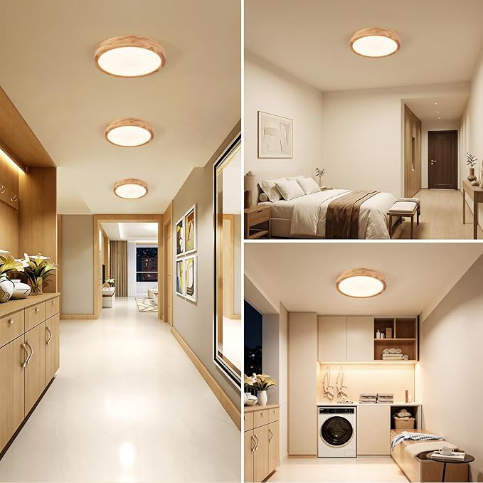 Modern LED Ceiling Light for Bedroom: Minimalist Wood Flush Mount Ceiling Light Fixture with Acrylic Lampshade - 3000K Not Dimmable Overhead Ceiling Lamps for Kitchen Hallway Living Room (11.8" Wood)
