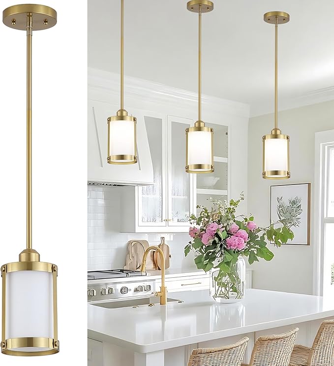 Brushed Gold Milk Glass Pendant Light Kitchen Island,Modern Brass Mini Pendant Lighting,Farmhouse Art Deco Chandelier Hanging Light Fixtures Over Sink for Dining Room