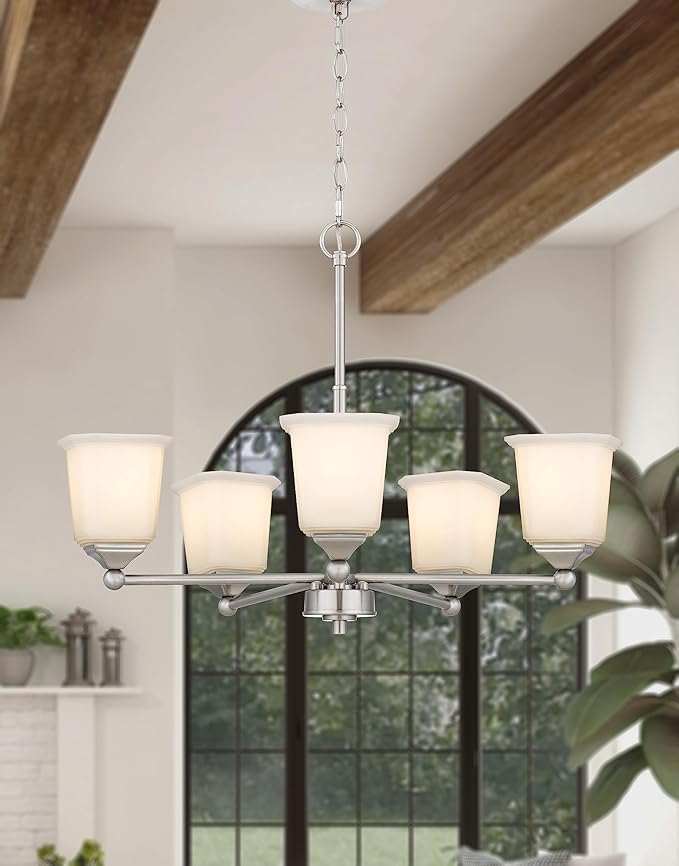 Tawson Nox 5-Light Chandelier Pendant Ceiling Light Brushed Nickle White Glass Shade Adjustable Height for Hallway, Entryway, Passway, Dining, Bedroom, Kitchen, Balcony Living Room