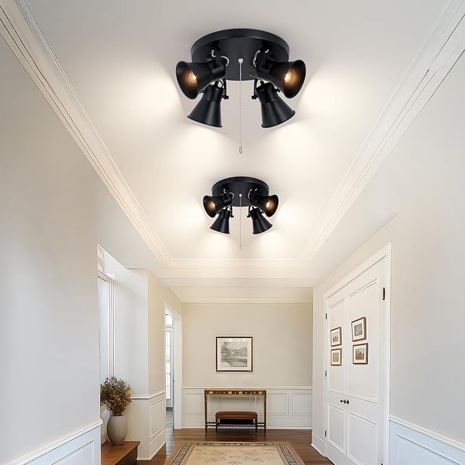 SEEBLEN 4-Light Industrial Track Lighting with Pull Chain On/Off Switch, Adjustable Round Kitchen Ceiling Light, Morden Black Flush Mount Directional Light for Kitchen, Hallway, Dining Room.