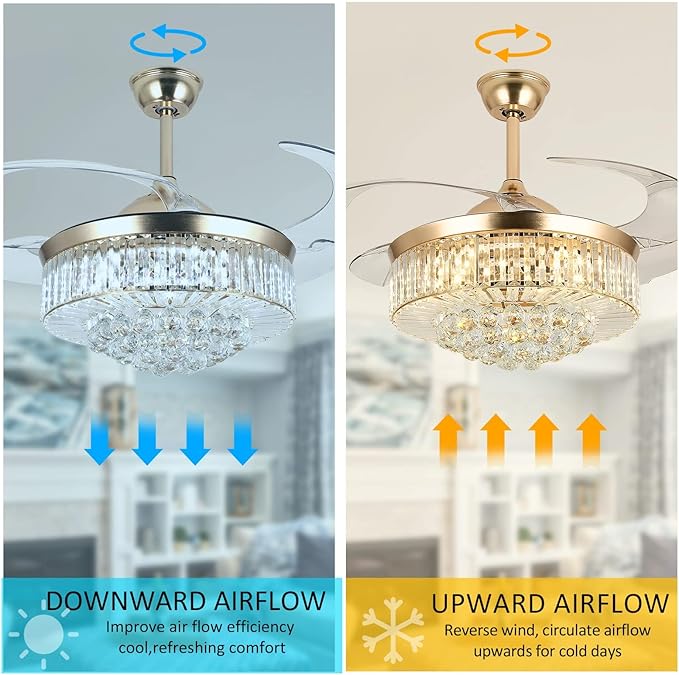 42in Crystal Ceiling Fan with Remote, Gold Fandelier Ceiling Fan with Light, 3 Speeds 3 Colors Changes Lighting Fixture, 4 Blades Retractable Chandelier Fan for Bedroom Living Room Dining Room