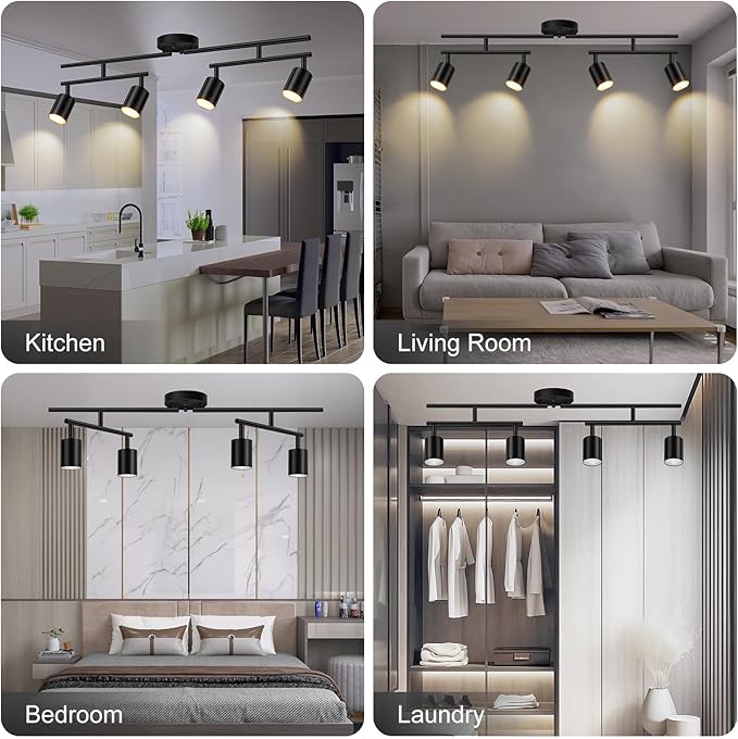 Track Lighting Kit, LED Track Lighting Fixtures Ceiling, 30" Black Ceiling Spotlights, 4 Light Kitchen Light Fixtures, Spot Light with Rotatable Heads, Track Lights for Bedroom(GU10 Socket, NO Bulb)
