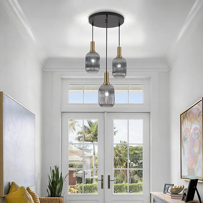 FRIXCHUR 3-Light Pendant, Mid Century Style Glass Shades with E26 Sockets, Adjustable Retro Pendant Light with Gold Accents, Ideal for Kitchen Islands and Living Rooms (Smoky Grey)