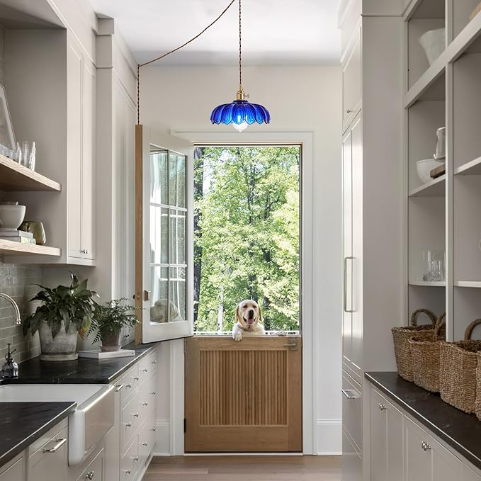 XZHGCEE Plug in Pendant Light: Bule Hanging Light Plug in Fixture Hanging Lamp, Glass Pendant Lighting for Kitchen Island, Bedroom, Dining Room, Living Room, E26 No Bulb