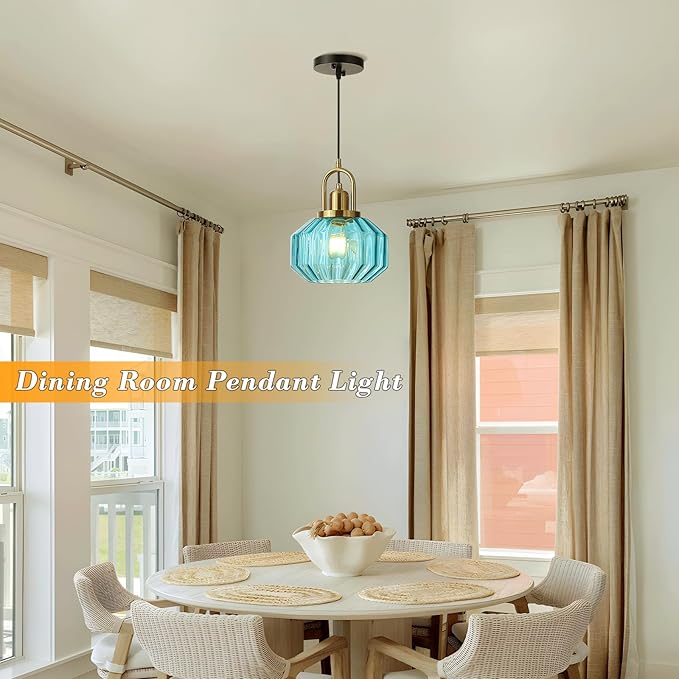 9in Mid Century Modern Blue Glass Pendant Light Fixture, Small Gold Kitchen Island Pendants Light Glass Ceiling Hanging Lamp for Foyer Dining Room Bedroom Entryway Hallway Over Sink