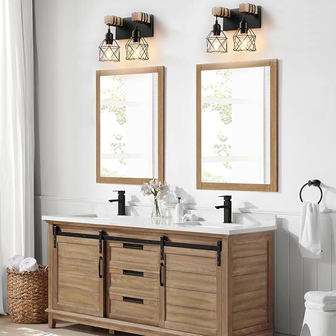 Farmhouse Vanity Light Fixture,2-Light Bathroom Lighting,Black Industrial Wood Wall Light Over Mirror with Metal Shade