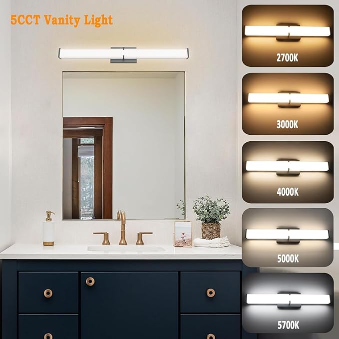 24.8Inch 2500LM Bathroom Light Fixtures 5CCT Optional, Black Modern LED Vanity Lights Clear Shade, Dimmable Bathroom Lighting Fixtures Over Mirror - ETL Listed
