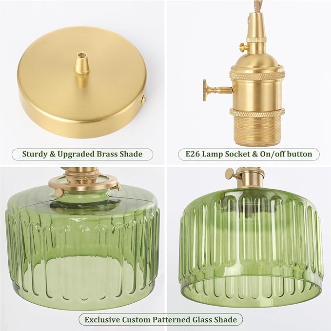Shenmoyl Pendant Light with Green Striped Glass Lmapshade, Brass Vintage Pendant Light Adjustable Hanging Light for Kitchen Island Dining Room Hallway