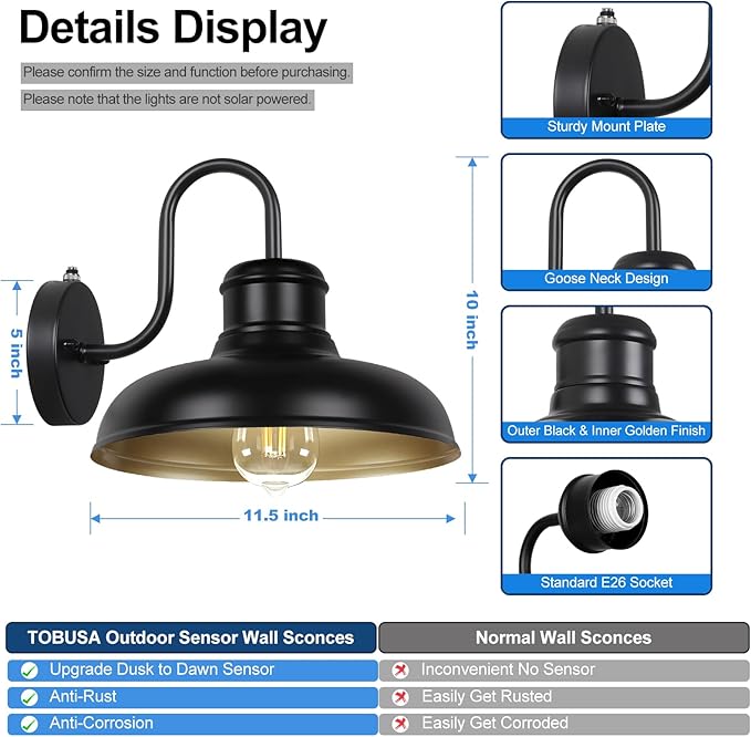 TOBUSA 2-Pack Dusk to Dawn Outdoor Wall Light Fixtures, Waterproof Farmhouse Outside Gooseneck Barn Lights, 11.5'' Black & Golden Exterior Wall Sconces for House, Porch, Garage