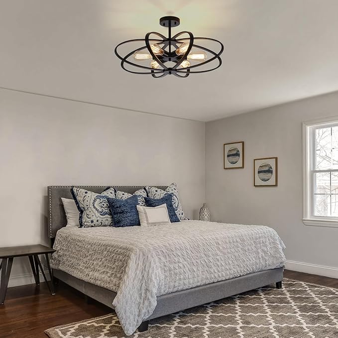 Semi Flush Mount Ceiling Light Fixture Chandelier 6-Light Kitchen Ceiling Lights 25'' Black Farmhouse Chandelier Style Flower Shape Light Fixture Bedroom for Foyer,Entryway,Living Room