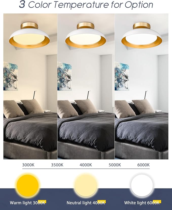 kudos White and Gold Ceiling Light Fixture 2 Pack, LED Semi Flush Mount Light Fixture, 12W/1200Lm 12 Inch Ceiling Lights for Kitchen, Hallway, Bathroom, 3000K/4000K/6000K Adjustable, KDCL01-WT-2PK