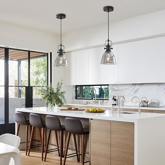 Black Pendant Lights Kitchen Island 2 Pack, 6.5" Modern Farmhouse Smoked Glass Pendant Light, Island Lights for Kitchen, Mini Pendant Lighting for Kitchen Island Dining Room