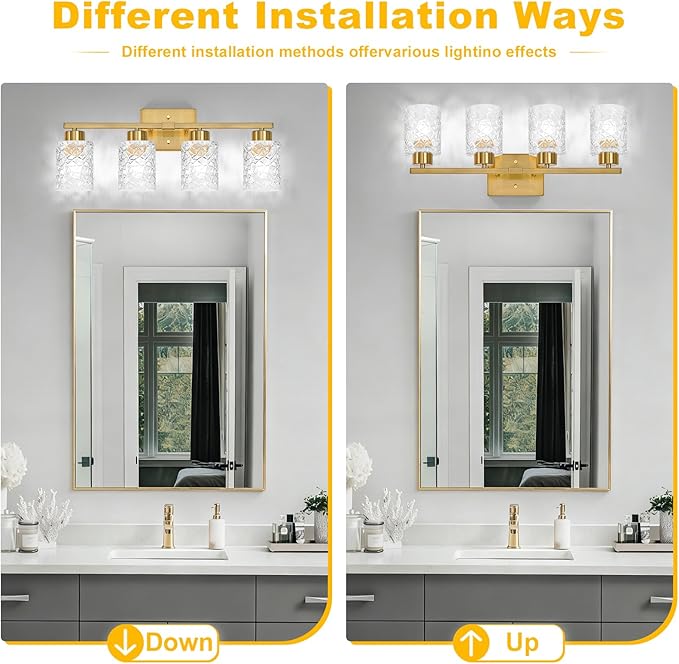 Brushed Gold Bathroom Light Fixtures, 4-Light Modern Bathroom Vanity Wall Light, Vanity Lights for Mirror, Wall Sconces with Clear Textured Glass (E26 Socket, Bulbs Not Included)
