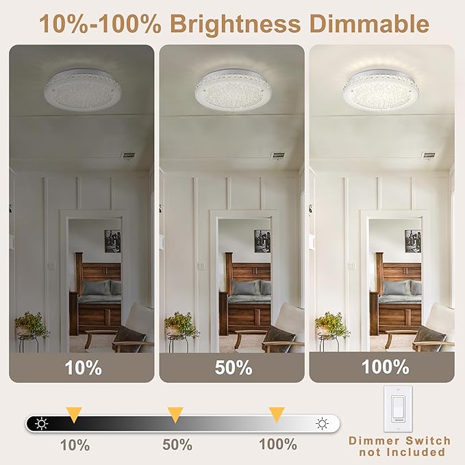 Crystal Ceiling Light Fixture LED Crystal Flush Mount Ceiling Light 4000K Dimmable Semi Flush Mount for Hallway Bedroom Laundry Bathroom Round 24W 2640LM 14"