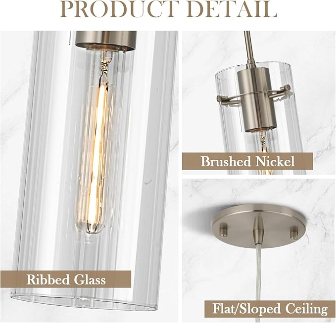Glass Brushed Nickel Pendant Light, 2 Pack Modern Kitchen Island Pendant Lighting with Ribbed Glass, Adjustable Cord Pendant Light for Over Island, Dining Room, Bathroom Bedroom