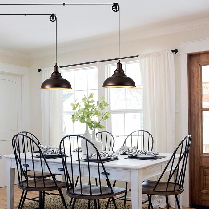 Oil Rubbed Bronze Pendant Light Hanging Lamps for Living Room Plug in 15FT Dimmable Switch Adjustable Pulley Hanging Lights with Cord for Kitchen Bedroom 2 Pack