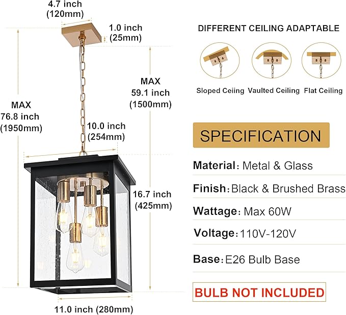 TODOLUZ 4-Lights Large Outdoor Pendant Light Fixture, Waterproof Porch Hanging Lighting with Adjustable Chain Seeded Glass Panel & E26 Bulb Base for Porch Patio Garden