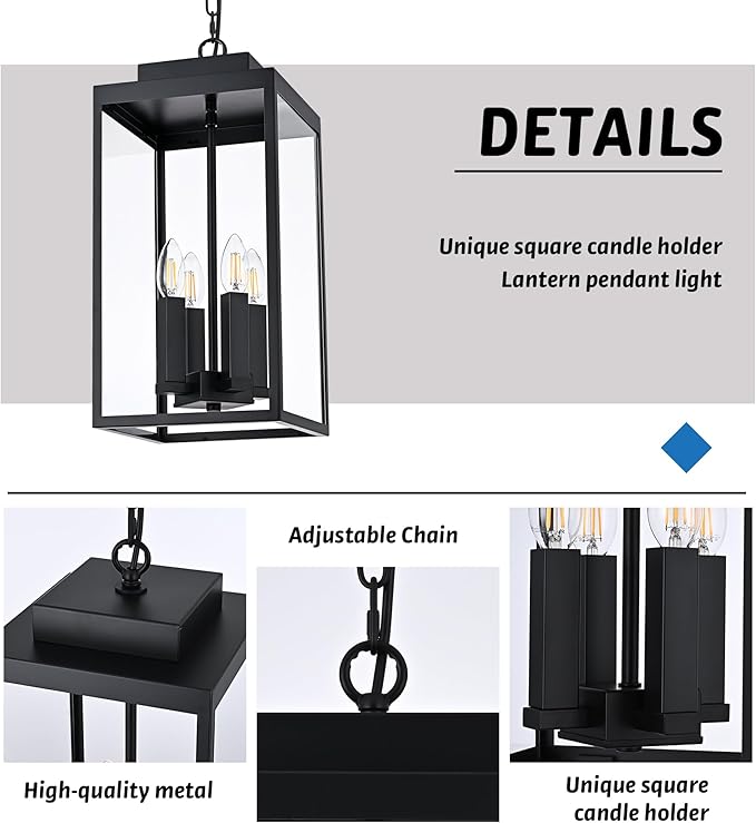 MELUCEE Large Outdoor Pendant Light Fixtures 4-Light, Farmhouse Exterior Hanging Lantern Porch Light, Black Hanging Lamp Ceiling Mount Outdoor Chandelier for Porch Patio Gazebo Entrance