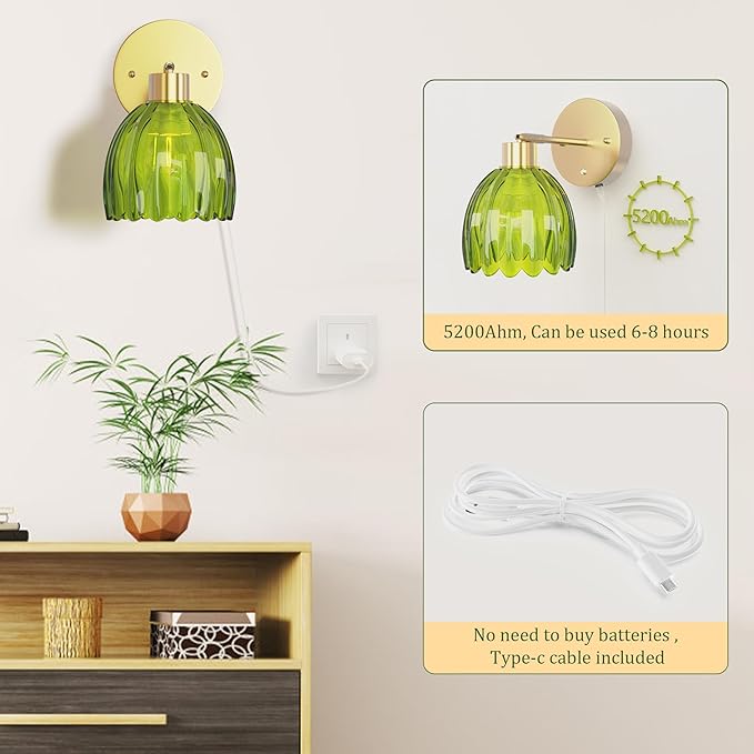 MOKOQI Wall Sconces Set of 2 Battery Operated | Tulip Glass Wall Lamps Rechargeable 5200mAh Wireless Wall Sconce Dimmable for Bedroom Living Room Hallway, Elegant Green Tulip Lampshade Wall Decor