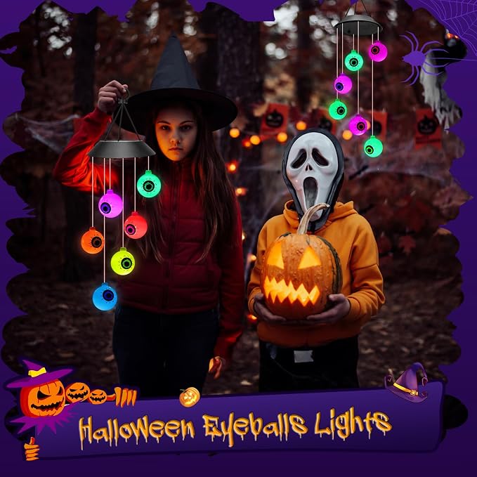 Winzwon Halloween Decorations Outside Solar Outdoor Lights Waterproof Eyeballs Wind Chimes for Party Yard Porch Patio Home Window Indoors Hanging Mobile Decor