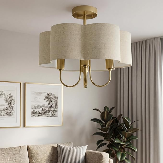 Gold Semi Flush Mount Ceiling Light, 18" 4-Light Light Fixtures Ceiling Mount with Brown Linen Petal Shade for Kitchen Nursery Entryway Hallway Bedroom, E26 Base, SM179-BG-L-6