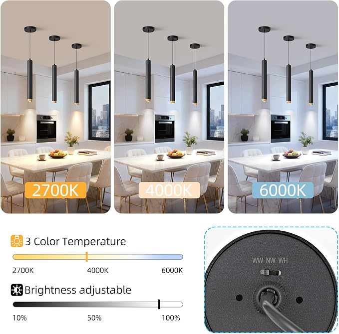 OKELI Modern Black LED Pendant Light for Kitchen Island, 1 Pack – Dimmable Zoomable Pendant, Adjustable Beam Angle, 3 Color Temps 2700K/4000K/6000K, Mini Hanging Light for Bar or Bedroom, 7W 15"