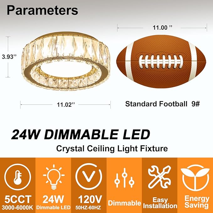 Dimmable Modern Luxury Crystal LED Flush Mount Ceiling Light,11 Inch 24W/5CCT 3000K-6000K Gold Close to Ceiling Light Fixture r for Kitchen,Entryway,Laundry Room,Porch