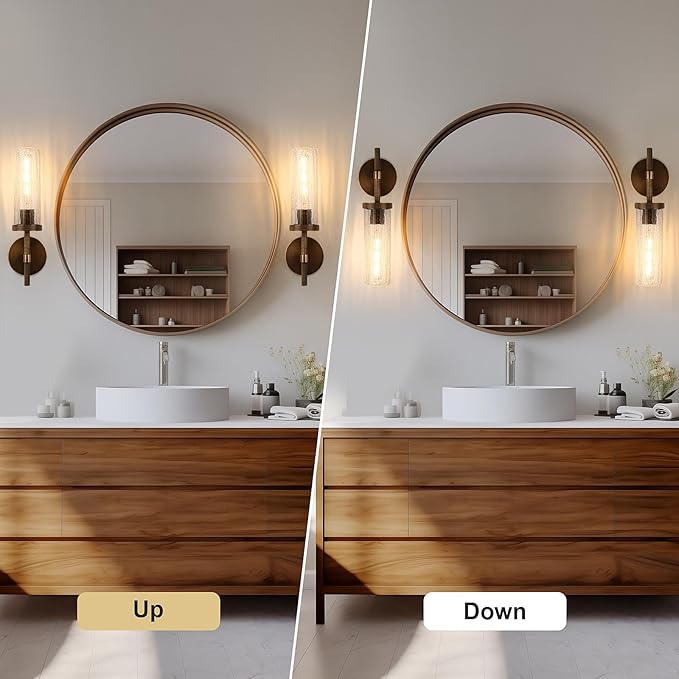 15" Knurled Brass Wall Sconces Set of 2, Bronze Bathroom Vanity Light Fixtures with Crackle Glass Tube, Modern Lamp Lighting for Bedroom, Living Room, Hallway, Staircase, Mirror, Kitchen