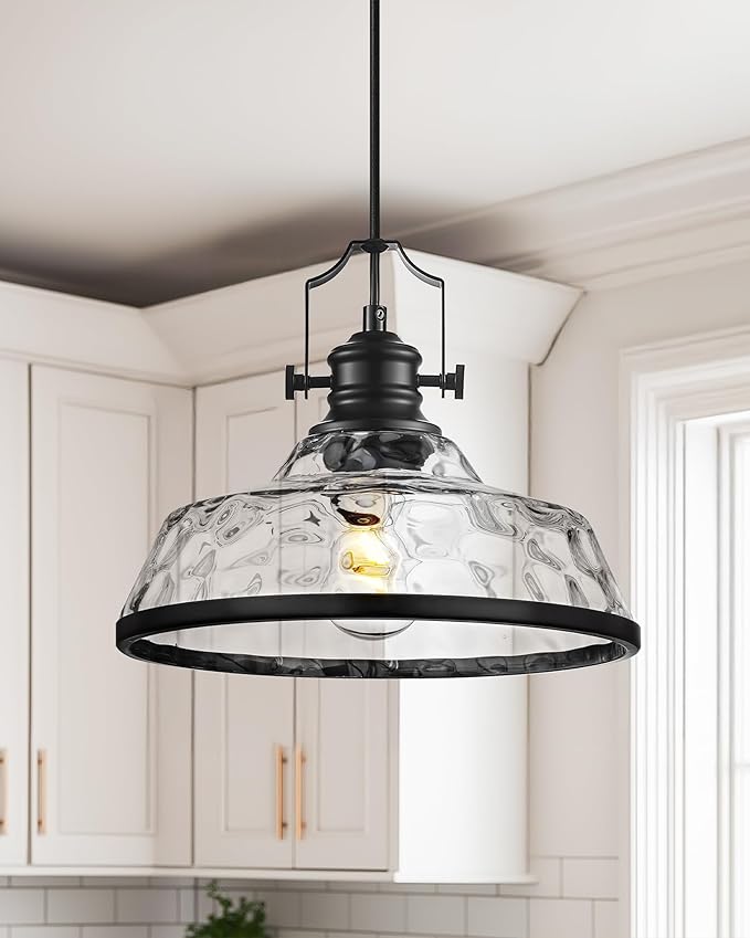 kudos Pendant Lights Kitchen Island, 11" Black Pendant Lights with Clear Hammered Glass Shade, Farmhouse Large Hanging Light Fixture for Kitchen Sink Dining Room, KDPL13-BK-H