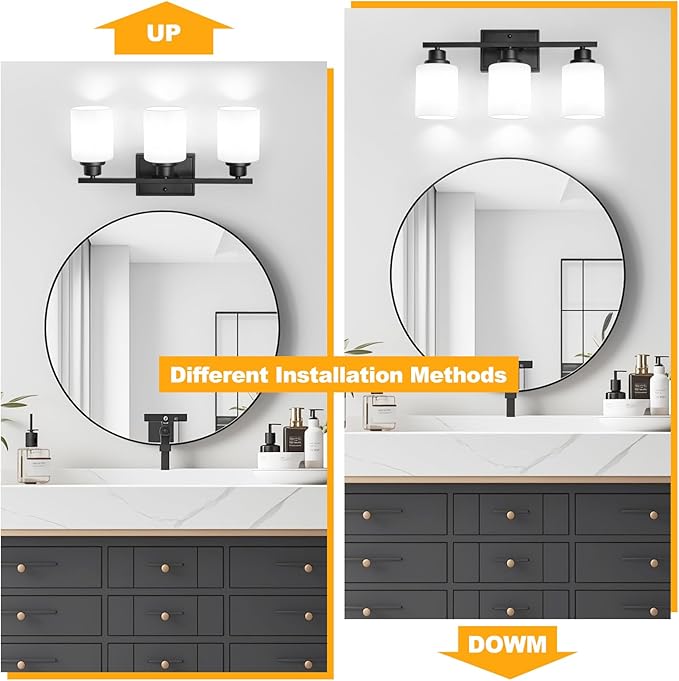 Unicozin 3-Light Bathroom Light Fixtures, Modern Black Vanity Light Over Mirror, Wall Sconces with Milky White Glass Shades for Living Room Bedroom Hallway E26 Base
