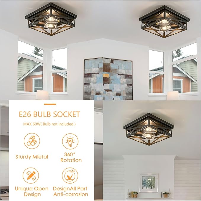 Black Flush Mount Ceiling Light Fixtures, 2-Pack Farmhouse Metal Cross Cage Semi Flush Mount Ceiling Light, 11 Inch Industrial Square Close to Ceiling Light for House Indoor Hallway Kitchen Bedroom