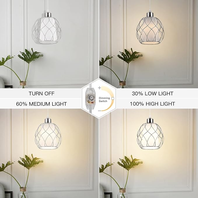 Ruzectt Plug in Pendant Light,Hanging Light with Plug in Cord,Silver Hanging Lamp with Dimmable Switch,15 ft Clear Cord,Hanging Light Fixture for Kitchen Island Living Room Bedroom (Bulb Included)