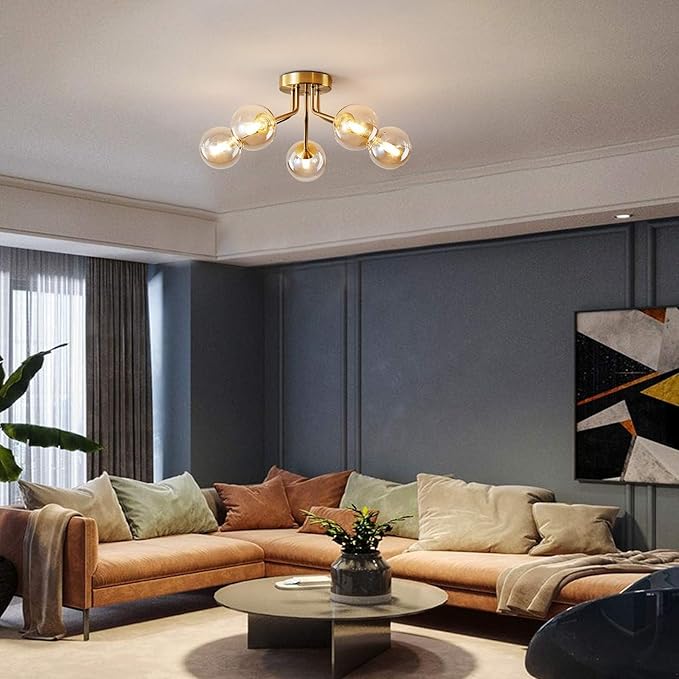 Modern Sputnik Chandeliers 5 Light Gold Semi Flush Mount Ceiling Light Fixture Pendant Lamps Bulb with Glass Globe Lighting for Bedroom Kitchen Living Dining Room Office