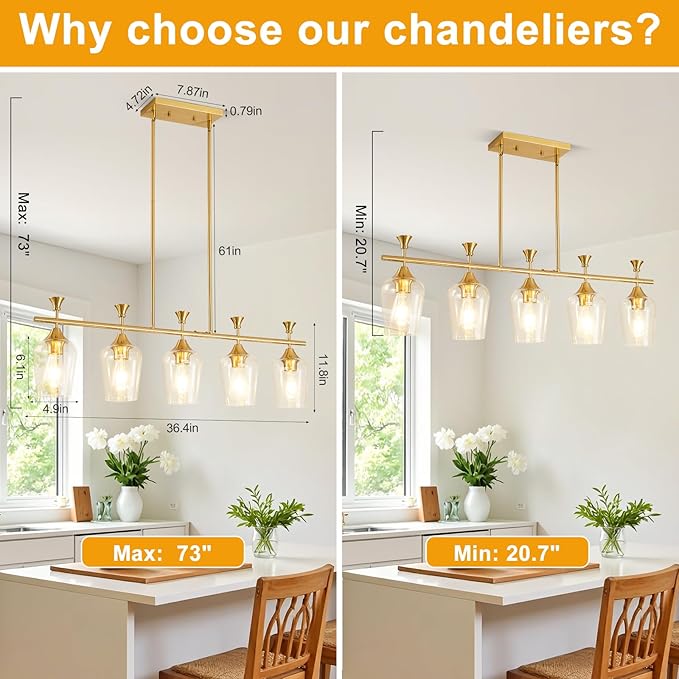 37" Dining Room Light Fixture/Chandelier Over Table, 5-Light Brushed Gold Kitchen Island Lighting with Clear Glass Shade, Modern Hanging Pendant Lights Fixture for Kitchen Island, Dining Room, Bar