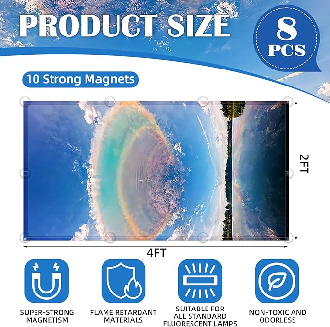 ANGSYLTH 8 Pcs Fluorescent Light Covers - 4 x 2 Feet Covers for Ceiling Lights, Magnetic Light Filters for Classroom, Office, Hospitals, Home (Blue Sky - Rainbow)