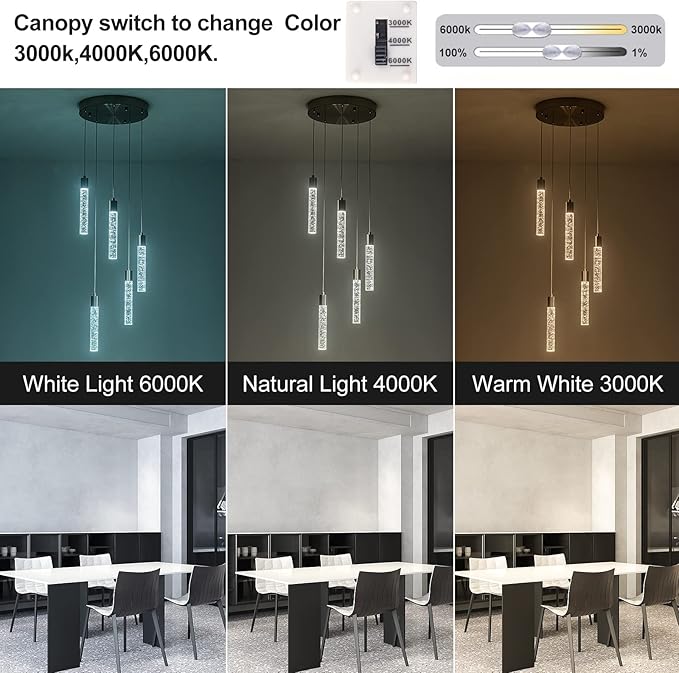 Pendant Lights Kitchen Island,Canopy Switch to dimmable 3000-4000-6000K Colors Pendant Lighting Brushed Nickel. Star Bubble Crystal Island Pendant Lighting